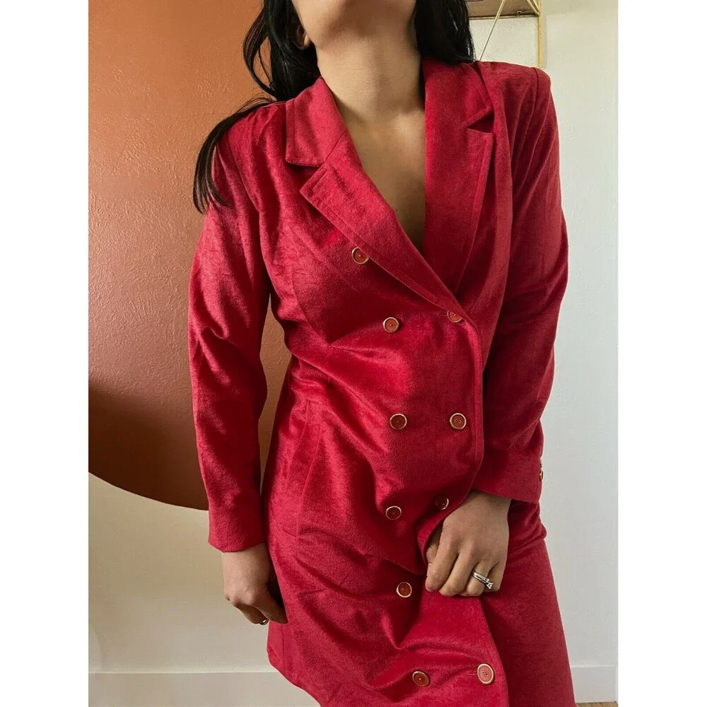 vtg 60s red coat dress long sleeve‎ double breasted pockets mini wedding guest 8
